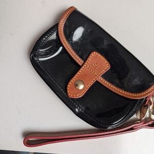 Black Patent Leather Wristlet with Brown Trim